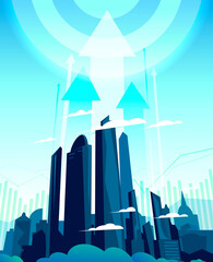 Huge growing daily metropolis, illustration with up arrows and target