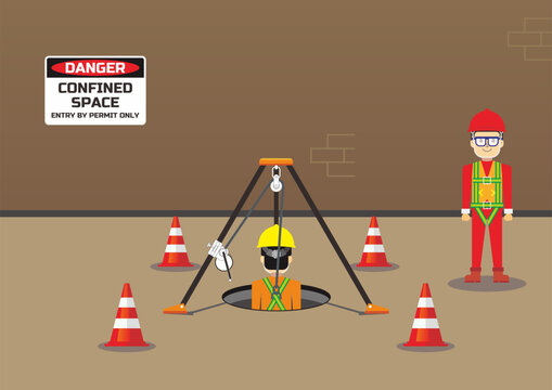 Confined space work entry safety vector illustration. Worker on the manhole.