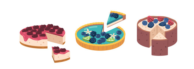 Delicious Set Of Pies, Each With A Perfect Cut Piece That Reveals A Scrumptious Filling Of Fruit Or Creamy Goodness