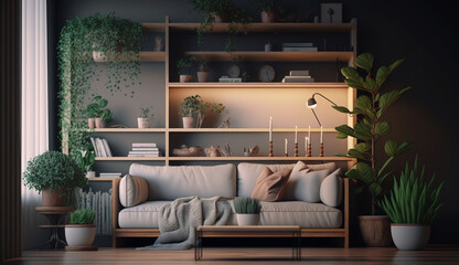 Interior of light living room with sofa, shelving units and artificial plants. Generative AI.