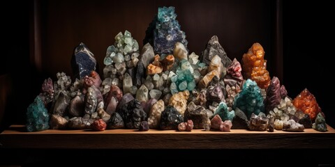 A meticulously arranged display of rare minerals and gemstones, reflecting their diverse colors and textures, concept of Geological Rarity, created with Generative AI technology