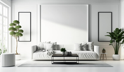 Mock up white wall background, Modern living room. Generative AI.