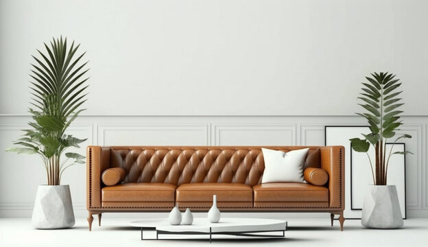 Modern living room wall mockup with leather sofa on white background. Generative AI.