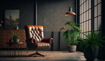 Style loft interior with leather armchair on dark wall background. Generative AI.