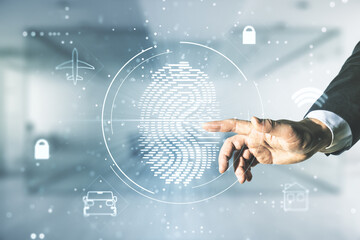 Multi exposure of male hand presses on virtual creative fingerprint hologram on blurred office background, personal biometric data concept