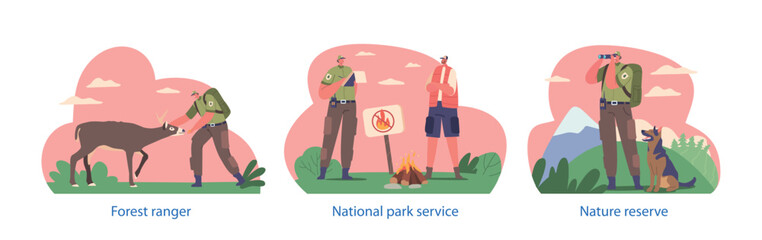 Isolated Elements with Forester Ranger Character Feeding Deer, Providing National Park Services, Issues Fine For Fire