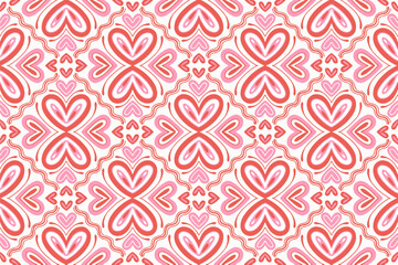 Ethnic 70s Retro Abstract Background cute Valentines Day Love Heart Flower Pink Red motif geometric tribal oriental native pattern traditional carpet wallpaper clothing fabric wrapping print vector