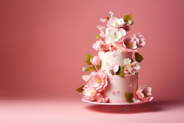 Obraz na płótnie Canvas Flower arrangement of confectionery mastic on a wedding cake close-up. Photorealistic illustration generative AI.