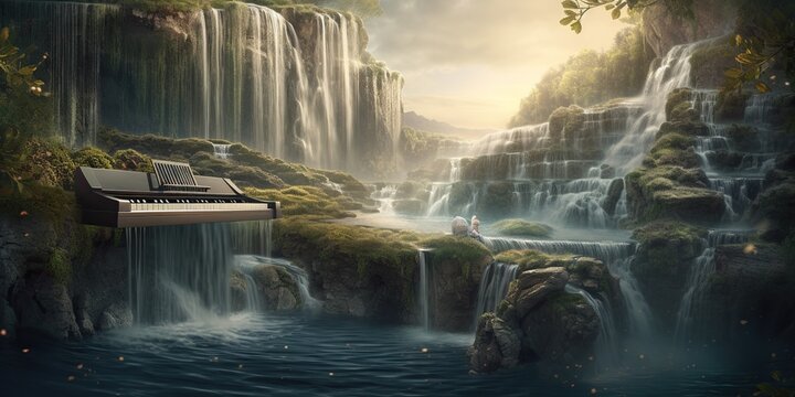 Surreal landscape with a waterfall of musical notes cascading from a grand piano, illustrating the harmony between nature and music, concept of Mystical harmony, created with Generative AI technology