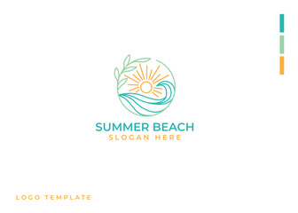 summer beach line art logo vector. palm tree, sun and sea waves icon design