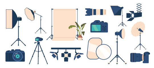 Set Of Photo Studio Equipment. Camera, Tripod, Flash, Softbox, Backdrop, Reflector, Umbrella, Light Stand, Lens