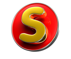 Letter S golden yellow in red circle 3D illustration. Advertising signs. Product design. Product sales. Product code.