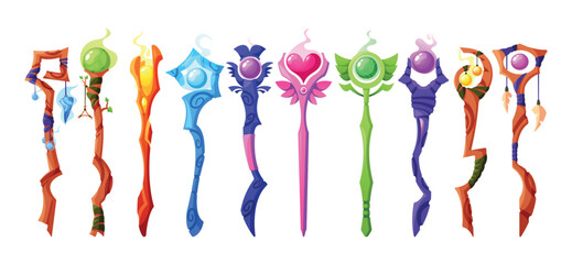 Set Of Magic Staff Consisting Of Wooden Sticks With Crystal Tips. Each Staff Has Unique Engravings And Runes