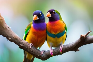 Obraz premium Moment of tenderness between a pair of Gouldian finch birds,Two birds in love, Generative AI