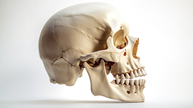 A model of a human skull on a white background. Generative AI.