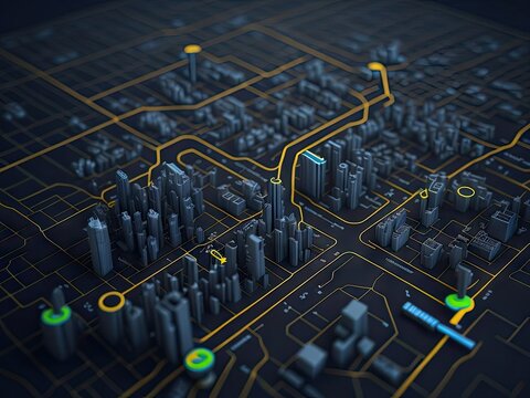 3d city map with 3d pointers location gps. ai generative