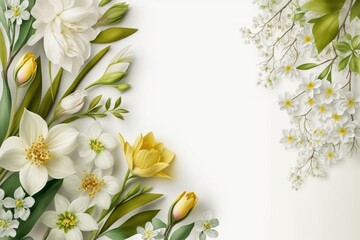 Expressive Spring Floral Frame on a Clean White Background, spring flowers frame. Generative AI.
