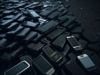Obraz premium The heap of old waste mobile phones. ai generative