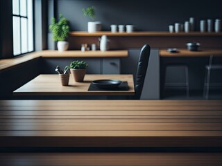Wooden Table Top on Blurred Kitchen Room. ai generative