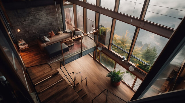 The view from the second floor towards the interior living room of a house built on the slope of a hill. The view outside is thin fog. The interior of the house uses a lot of wood materials.