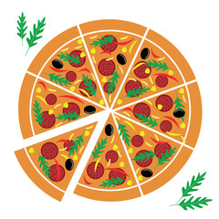 Pizza włoska pieczona w piecu kamiennym. Włoska kuchnia. Pepperoni, rukola, oliwki, kukurydza, papryka i ser. Kolorowy rysunek wektorowy - cała pizza. Pizza pocięta na kawałki na białym tle. - obrazy, fototapety, plakaty