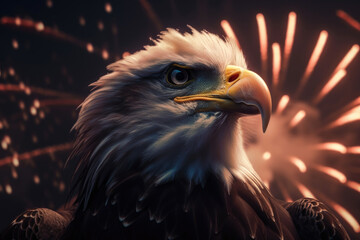 Bald eagle with festive fireworks in the night sky, Independence Day celebration on July 4 created with Generative AI