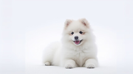 A small white dog, pomeranian spitz, laying down on a white surface. Generative AI.