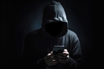 Faceless man wearing hoodie in dark room on smartphone, cybercrime and online fraud concept backgrounds. Generative AI.