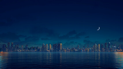 Abstract city skyline with modern high rise buildings skyscrapers reflected on calm mirror lake water surface against dark night sky background with half moon. With no people 3D illustration.