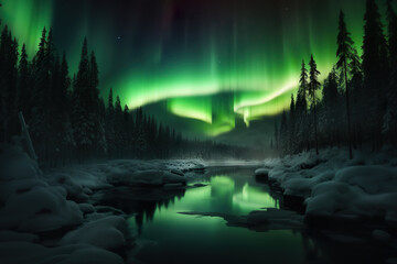 A stream running through a forest filled with snow. Generative AI.