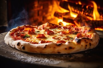 Fresh baked pizza closeup, traditional wood fired oven background. Generative AI - obrazy, fototapety, plakaty