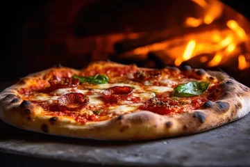 Foto op Plexiglas Fresh baked pizza closeup, traditional wood fired oven background. Generative AI © Rawf8