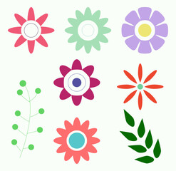 Retro Groovy Flowers And Leaves. Collection Of Different Doodle Flowers In Hippie Style