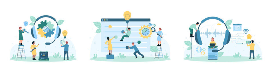 Technical support service set vector illustration. Cartoon tiny people move sliders to set up software and hardware, work with tools, voice messages of customers and headphones to repair program