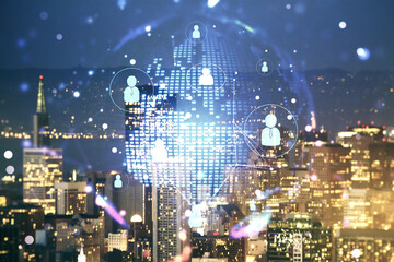Virtual social network media hologram and world map on San Francisco cityscape background. Double exposure