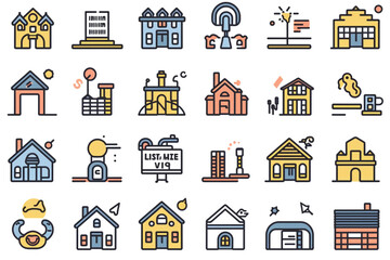 Set of line icons related to real estate, property, buying, renting, house, home. Outline icon collection. Editable stroke. Vector illustration. Linear business symbols