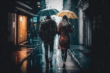 Couple walking Togheter in The Raining Street