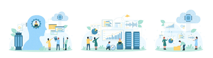 Big financial data, trade analysis vector illustration. Cartoon tiny people analyze stock market statistics, charts and graphs with cloud analytics service and software, artificial intelligence - obrazy, fototapety, plakaty