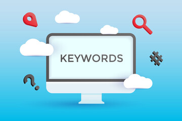 Keywords searching concept with magnifying glass, monitor and clouds. Vector background in 3D style for website search engine optimization