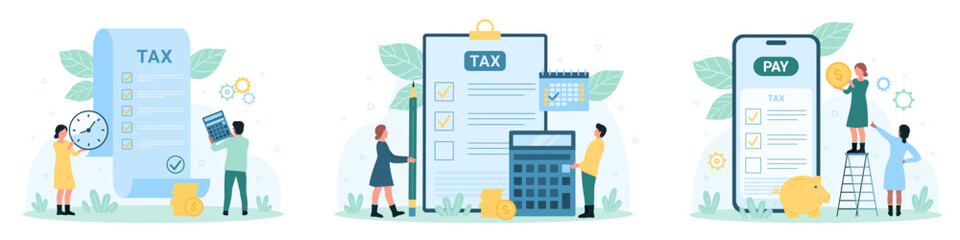Tax payment and calculation set vector illustration. Cartoon tiny people work with online invoices, taxation statement, list form and electronic payroll documents to calculate and pay money coins