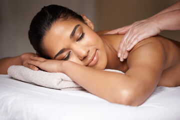 Girl, sleeping or hands for back massage in hotel to relax for zen resting or wellness physical therapy. Face of woman in salon spa for body healing treatment or natural holistic detox by masseuse