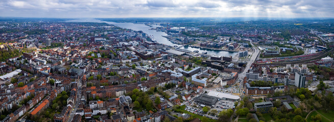 Aerial around the city Kiel in Germany on a sunny spring day	
