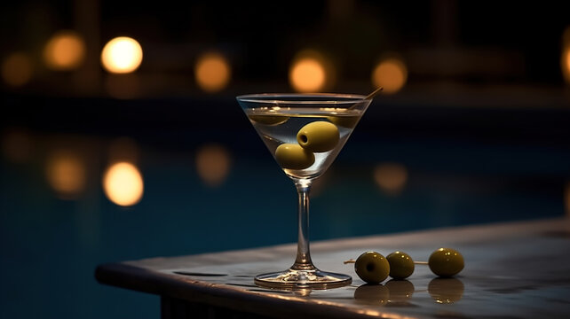 Dry martini cocktail glass with green olives. Blurred bar lights at background. Classic alcoholic drink for party and happy hour in triangular glass. Generative ai