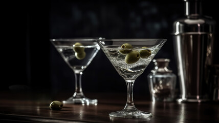 Dry martini cocktails glasses with green olives. Bar shaker background. Classic alcoholic drink for party and happy hour in triangular glass with bar shaker. On black background. Generative ai