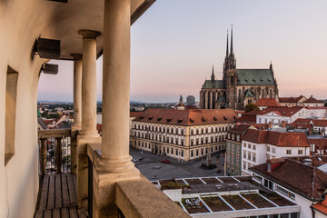 Skyline of Brno city with the cathedral of St. Peter and Paul as viewed from the Town Hall tower, Czech Republic - obrazy, fototapety, plakaty