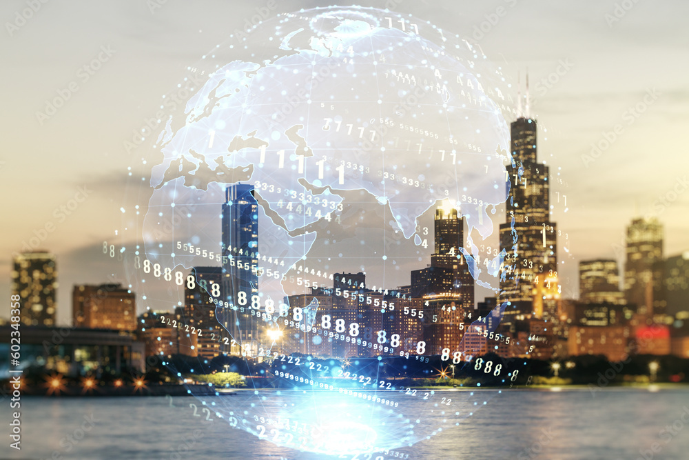 Poster multi exposure of abstract programming language hologram and world map on chicago office buildings b