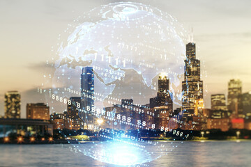 Multi exposure of abstract programming language hologram and world map on Chicago office buildings background, artificial intelligence and neural networks concept