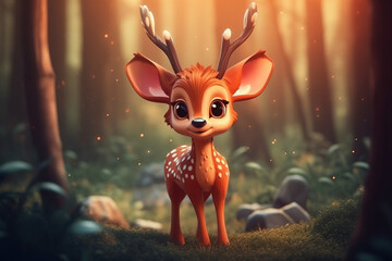 a cute adorable deer with antlers in nature rendered in the style of children-friendly cartoon animation fantasy style  created by AI