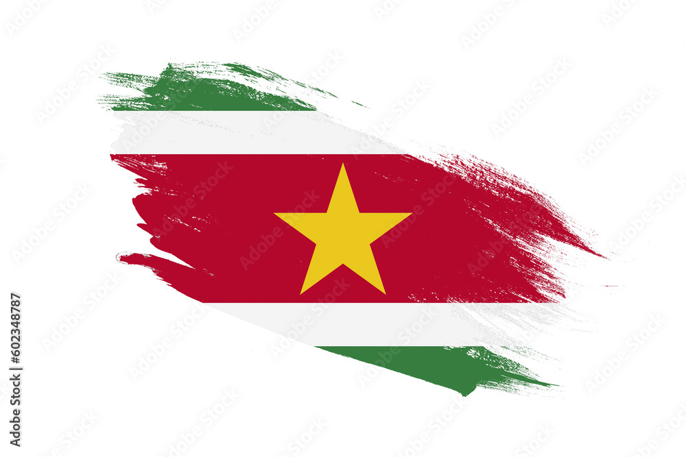 Wall mural Suriname flag with stroke brush painted effects on isolated white background