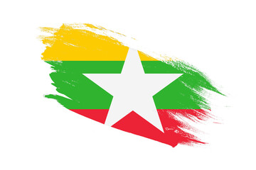 Myanmar flag with stroke brush painted effects on isolated white background